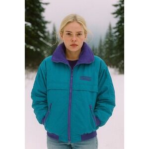 Vintage 90s River Edge Color Block Fleece Lined Jacket Teal Purple Coat Size S